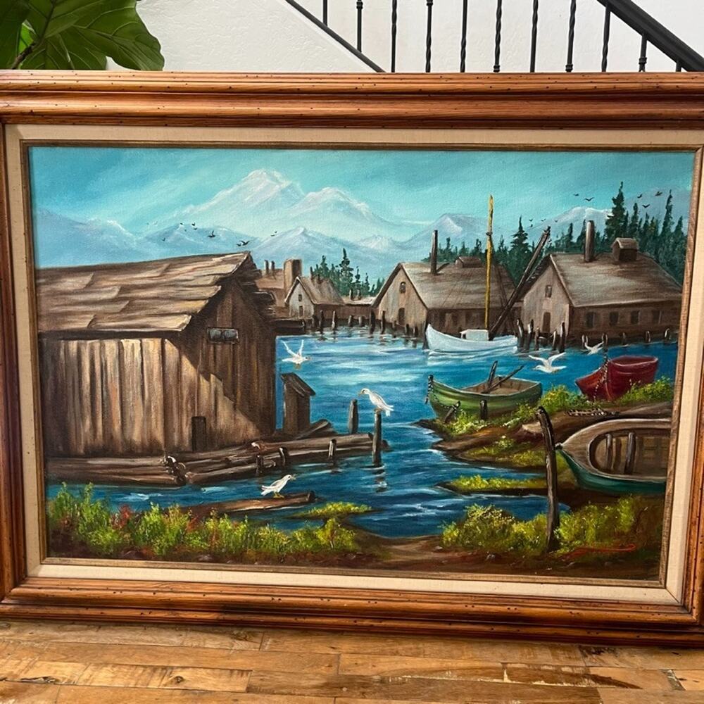 Framed Oil Painting Rustic Coastal Harbor Wooden Boats Houses 42" Artist signe